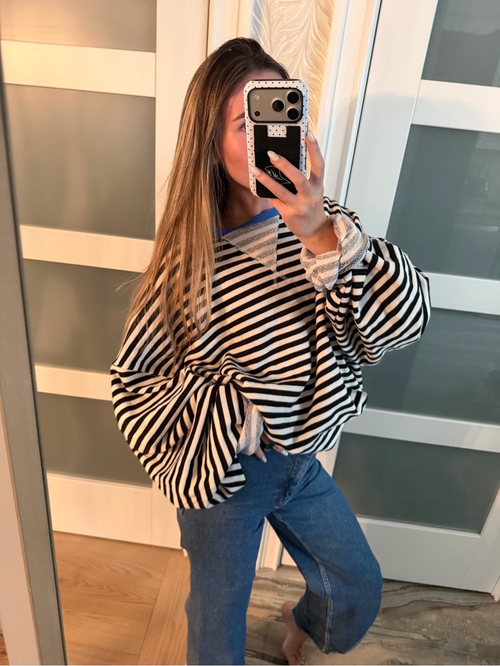 We The Free Black & White Striped Oversized Crew Sweater